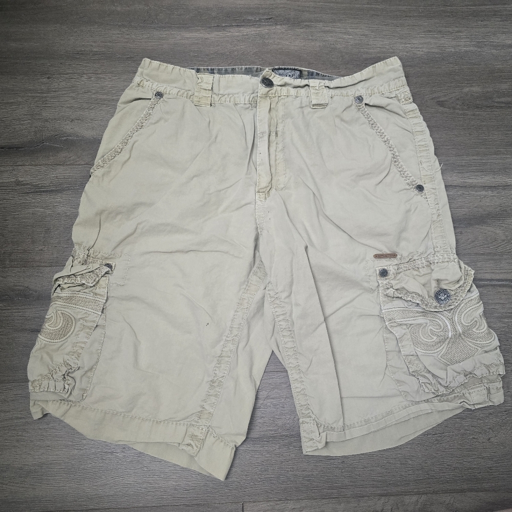 Affliction Y2K Cargo Coatal Detailed Mens Shorts Size 33 Cream Baggy Streetwear